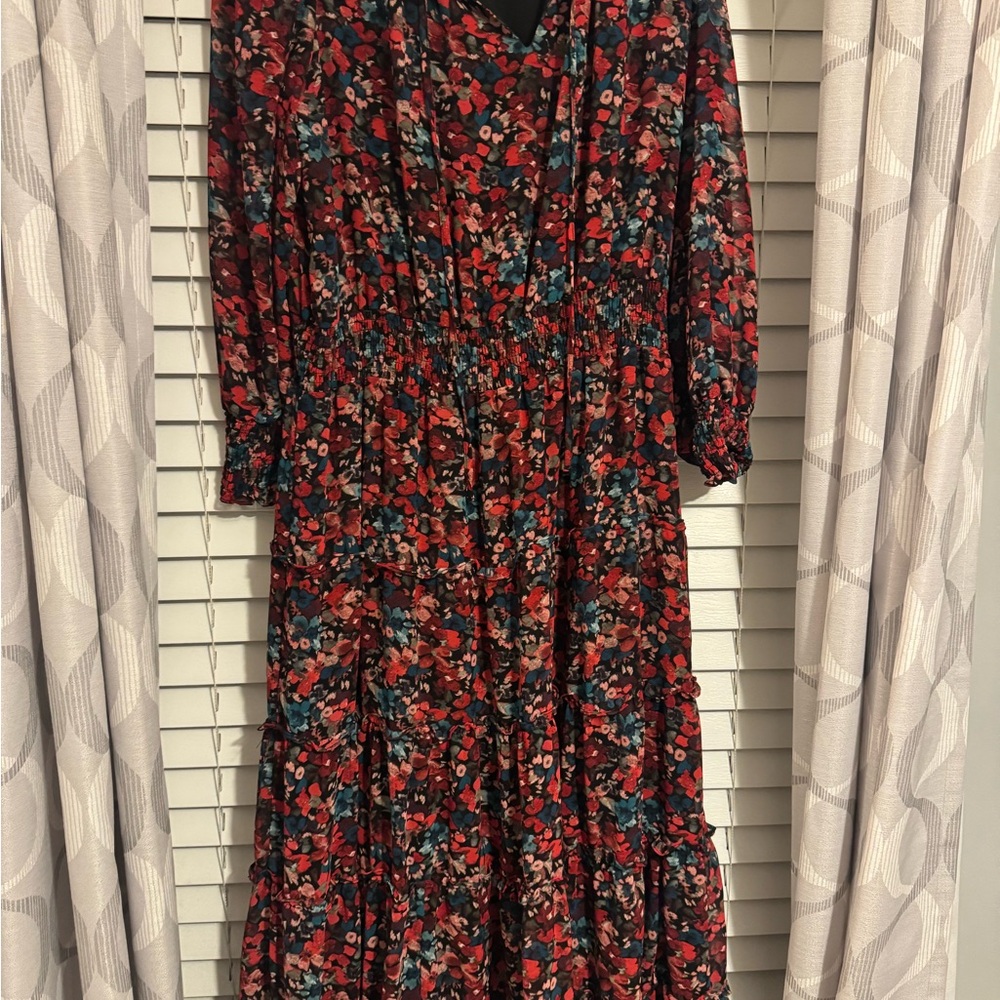 Vince Camuto Red and Blue Floral Long Sleeve Dress